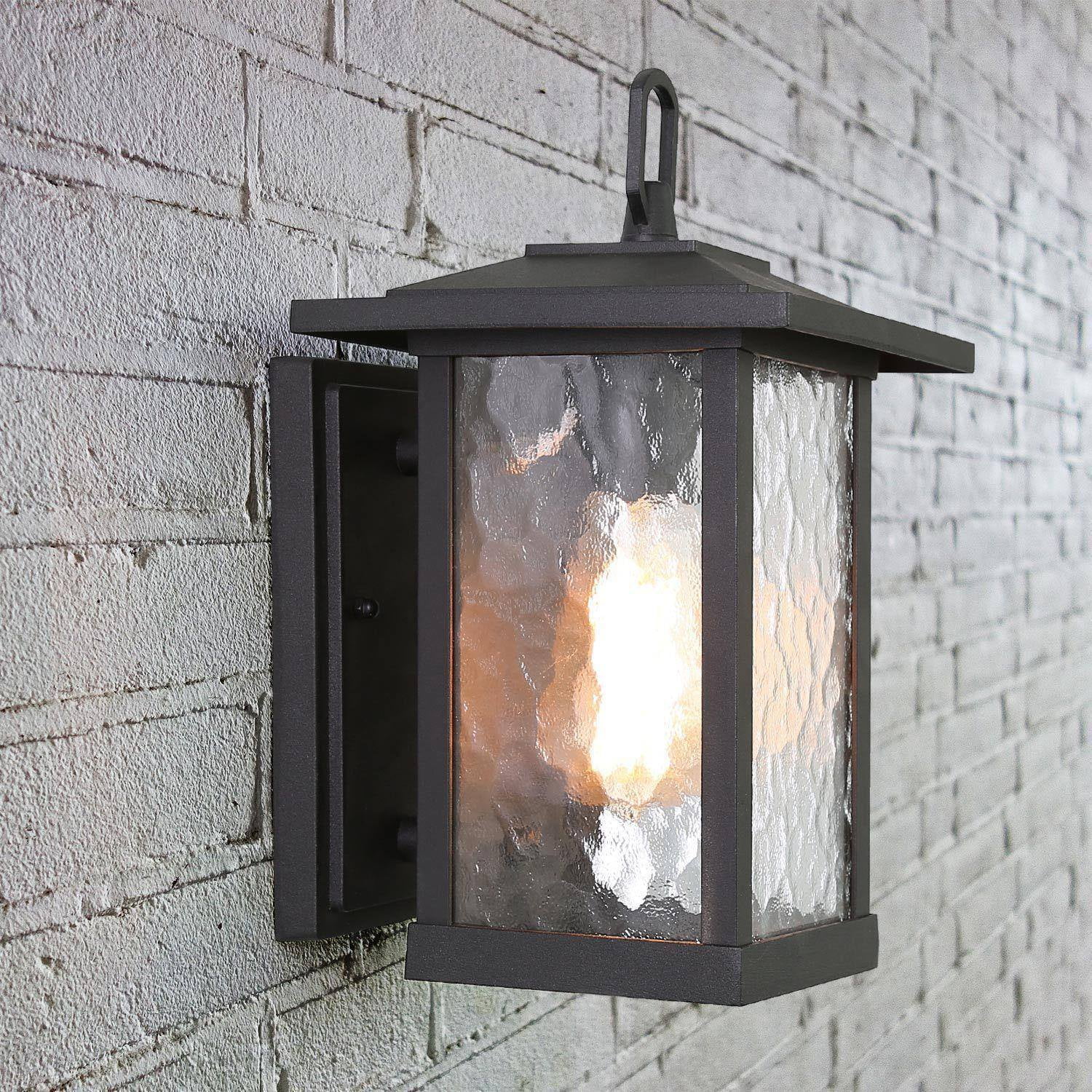 LNC Hansink 12-in H Black and Rippled Glass Medium Base(E-26) Outdoor Wall Light,8"H