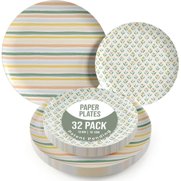 Heavy Duty Paper Plates Set For 16 Guests - 16 Each Of 8-inch And 10-inch Disposable Plates For Party - Fancy 32 Piece Dinnerware Set For All Occasions | Floral Design, Folk