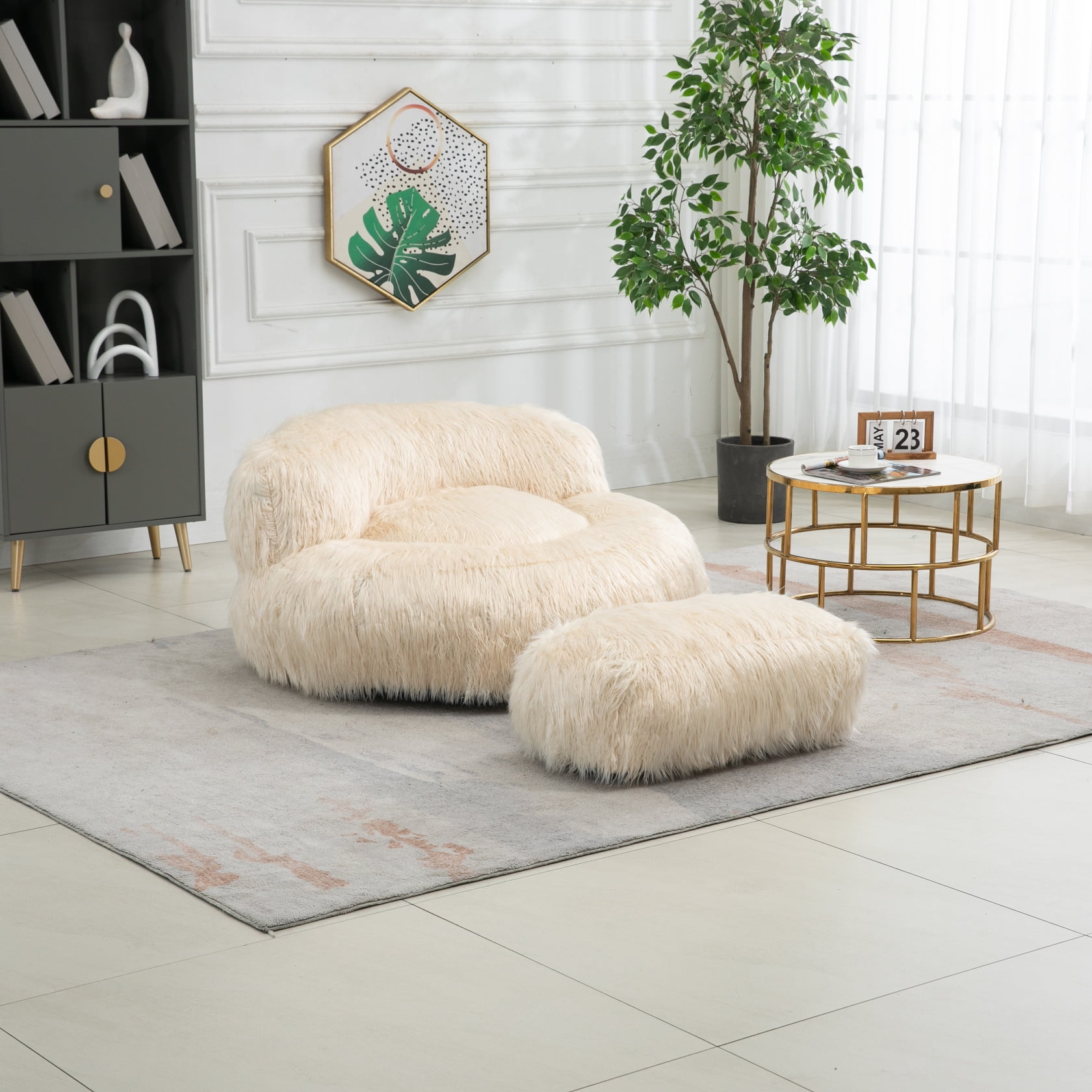 Faux Fur Bean Bag Chairs with Ottoman Oversized Fluffy Accent