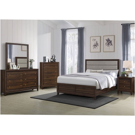 JERFIT 5-Piece Queen Bedroom Set with Upholstered Headboard Dresser Mirror Nightstand & Chest in Walnut Finish Transitional Style
