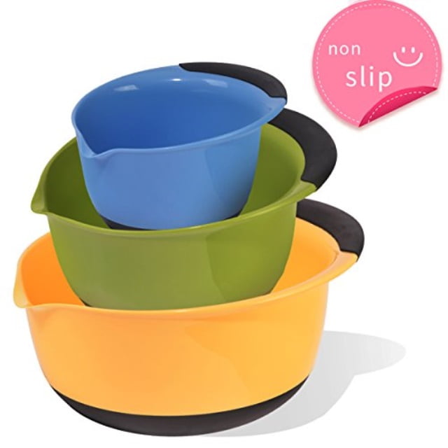 SZUAH Plastic Mixing Bowl Set of 3, Nesting Mixing Bowls with Pouring