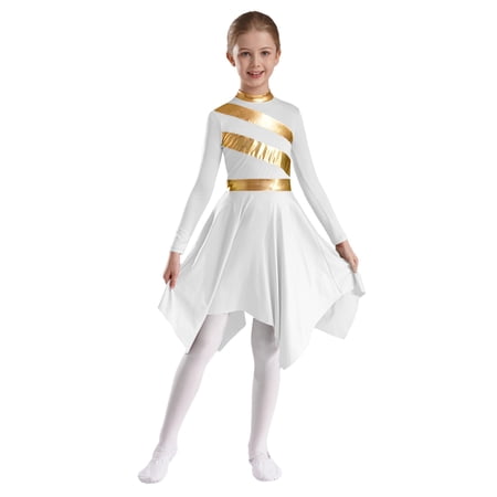 iiniim Girls Praise Dance Dress Metallic Block Long Sleeve Asymmetrical Church Robe Tunic Liturgical White 16