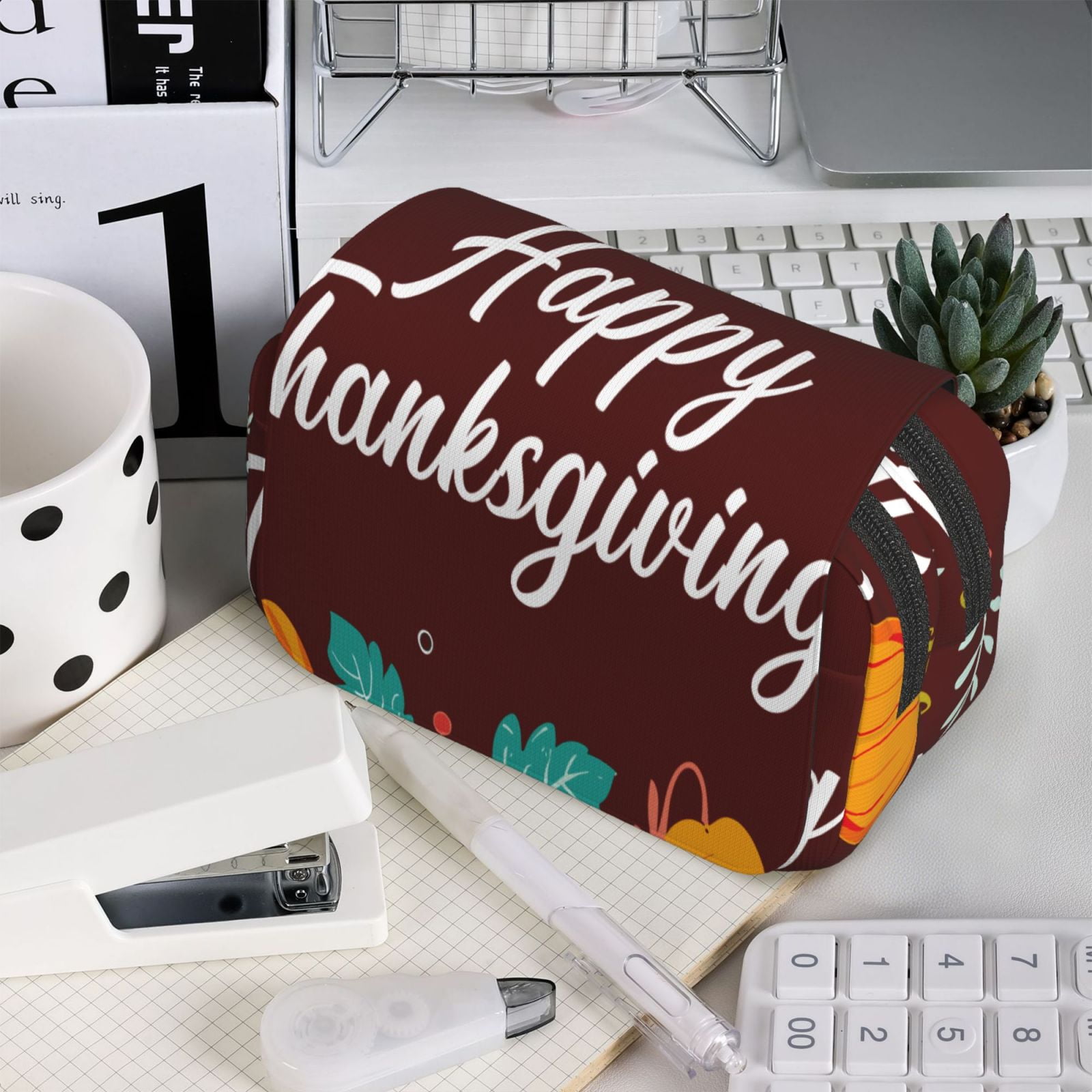 Rateoe Happy Thanksgiving Pattern Double Clamshell Pen Case, Storage Organizer with Two Zipper Compartments– Holds Up to 50 Pencils & Pens