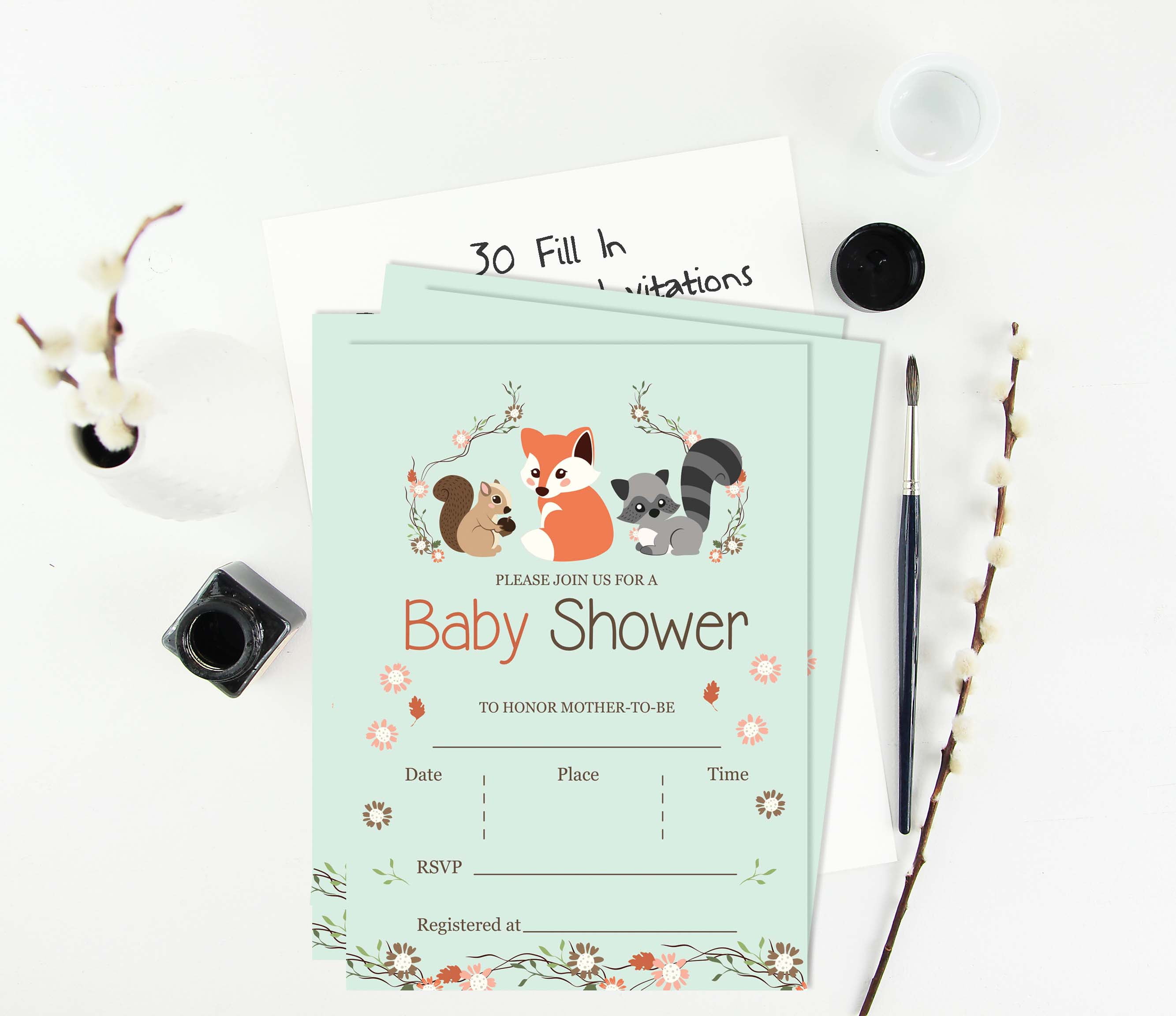 Inkdotpot 30 Fill In StyleBaby Shower Invitation Cards-Animals-Gender Neutral-Blank Invites