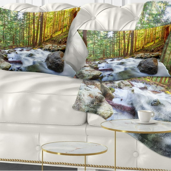 Designart Creek Flowing Through Forest - Landscape Printed Throw Pillow - 12x20