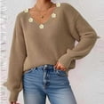 thumbnail image 5 of Aueoeo Knit Sweater, Comfortable Woman Casual Flower Ribbon Embroidery Irregular Embroidered V-Neck Sweater Tops Knitwear, 5 of 7