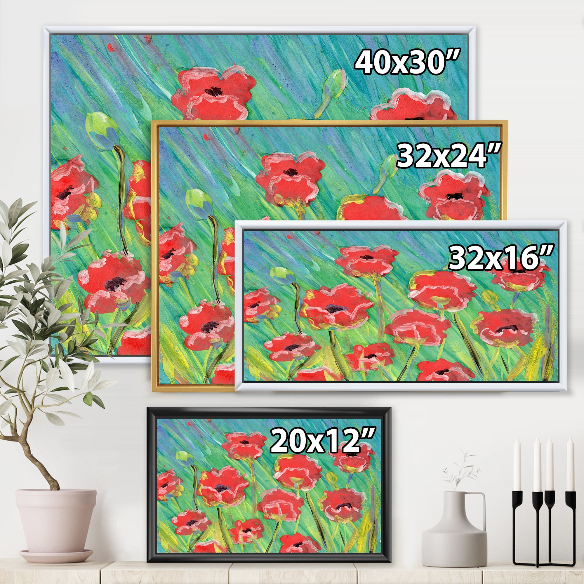 Designart 'Gouache Of Blooming Red Poppies' Traditional Framed Canvas Wall Art Print