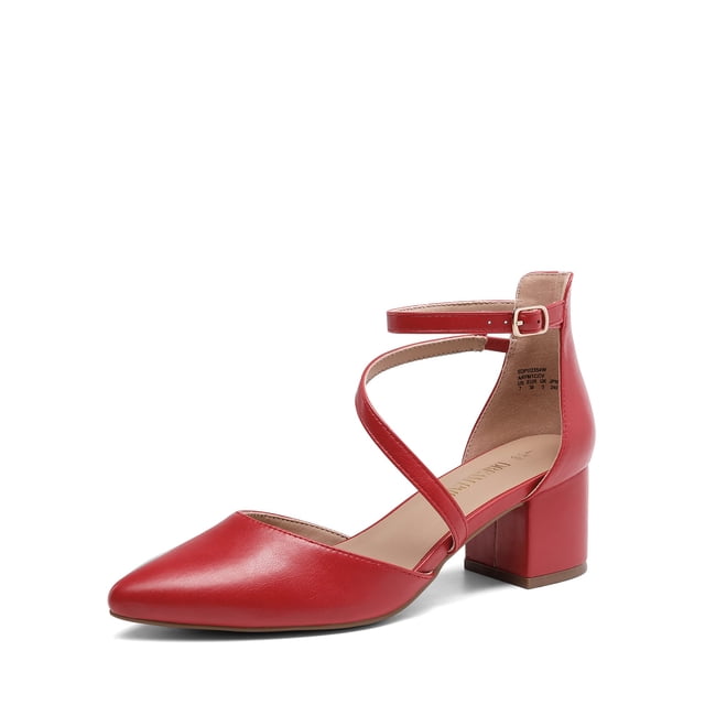 Zapatos DREAM PAIRS Tacones Bajos de Punta con Correa al Tobillo Rojo