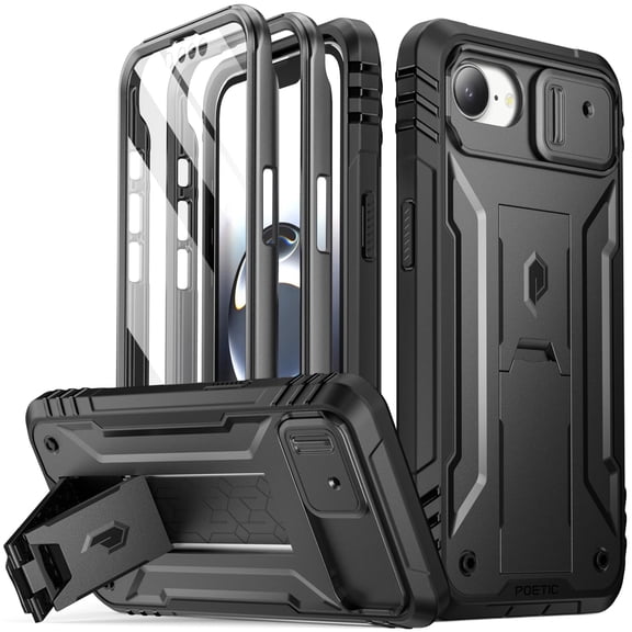 Poetic Revolution Case for iPhone 16e 6.1 inch, [Slide Camera Cover], Full-Body Military Grade Case with Kickstand and Built-in-Screen Protector, Black