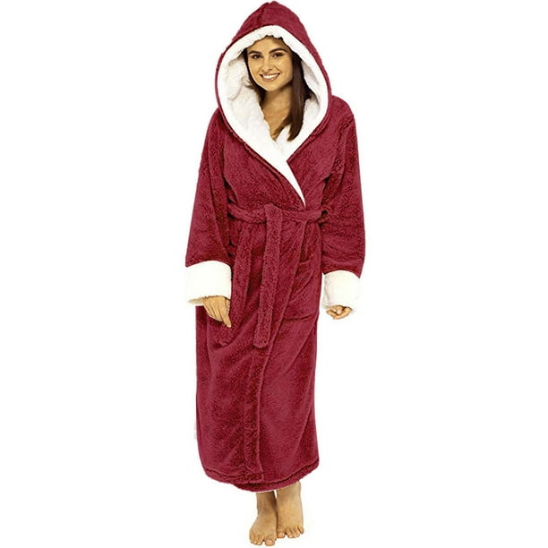 Albornoz de forro polar Sherpa para mujer, bata suave con capucha, bata de baño de remolque esponjosa