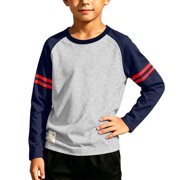Spazoro Boys Raglan Long Sleeve Shirts, Crewneck Casual Sport Stripe Detail Relaxed Fit Classic Pullover Fall Daily Wear Tees Blue Size 7-8