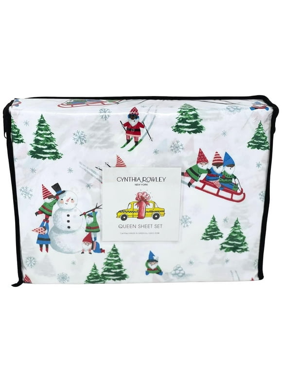 Cynthia Rowley 4 Pice Skiing Christmas Gnomes Festive Elves Trees Snowflakes Easy Care Wrinkle Free Winter Holiday Sheet Set (Queen (U.S. Standard))