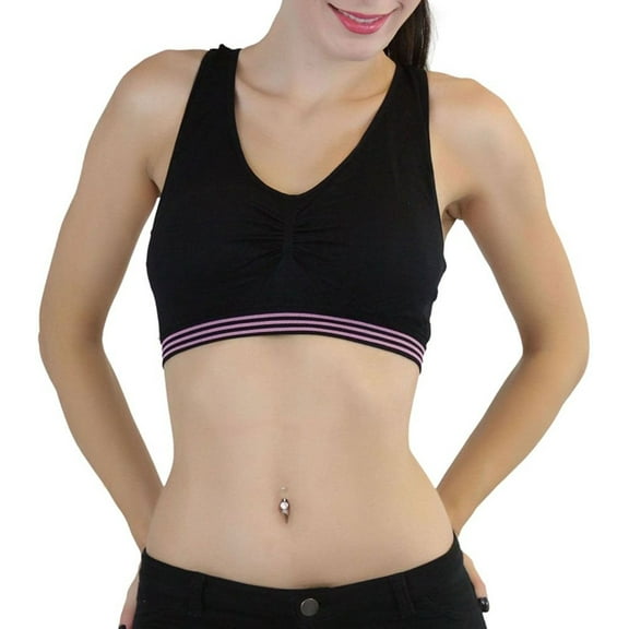 ToBeInStyle Women's Striped Band Seamless Padded Racerback Sports Bra - Black - One Size