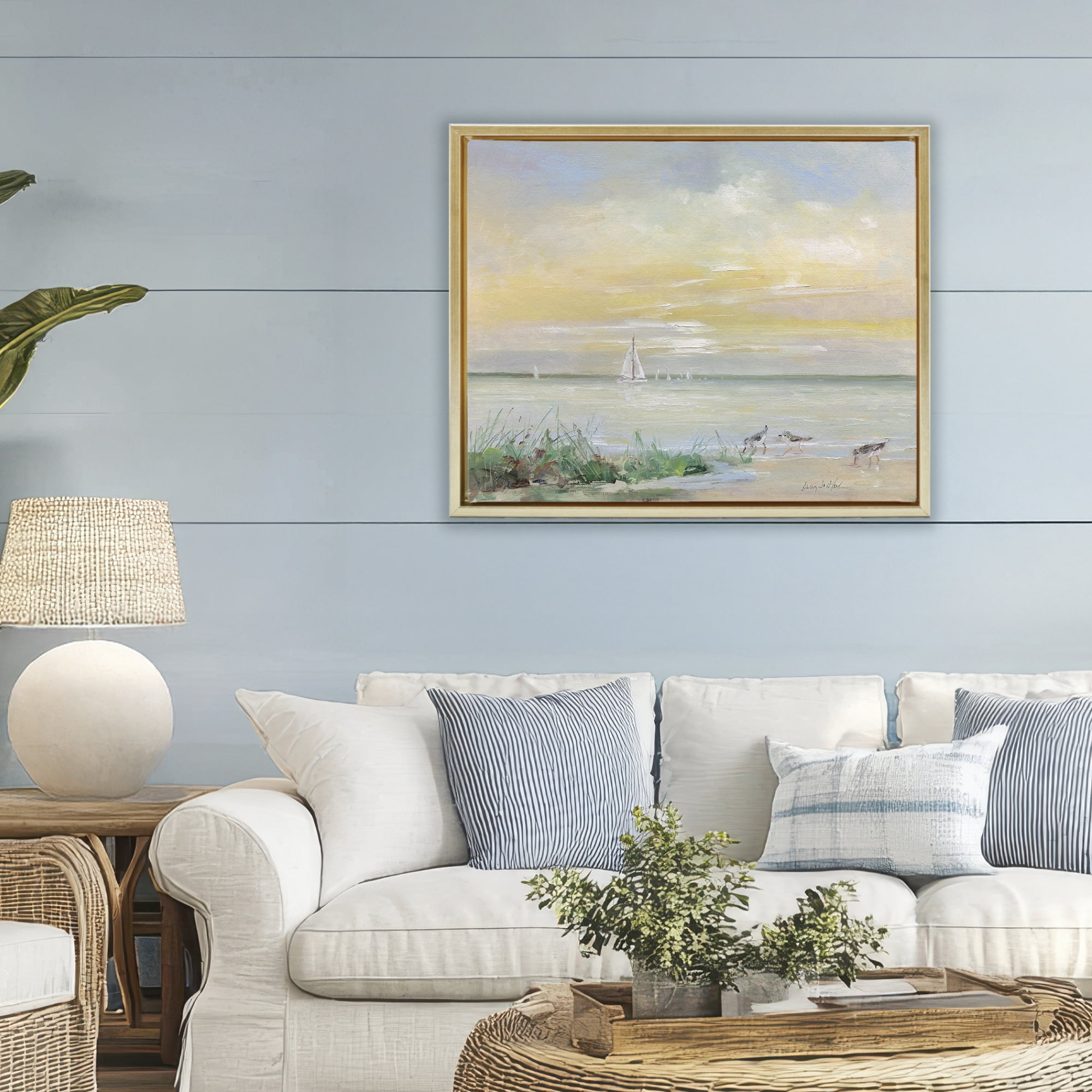 Stupell Industries Sailboats & Sanderlings Shore Gold Framed Floater Canvas Wall Art, design by Sally Swatland