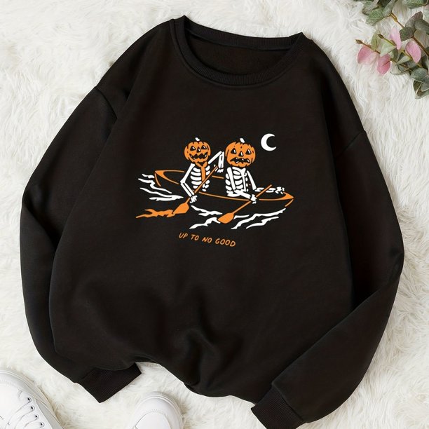 Sudadera Con Estampado De Calavera De Calabaza, Sudadera Informal De Manga Larga Con Cuello Redondo, Ropa De Mujer