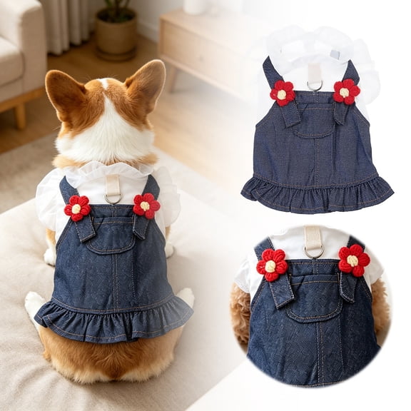 Denim Small Puppy Dress with D-Ring and Pocket Flowers Girl Dog Clothes Summer Pet Clothing Fashion Sweet Blingbling Princess Skirt Cake Camisole Tutu Dress Dog Sundress for Festival