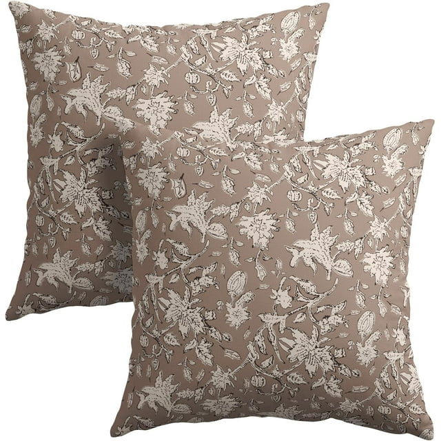 xianlin-Light Brown Floral Block Print Throw Pillow Covers 18x18 Inch Set of 2 Vintage Boho Cottage Spring Fall Decor Cushion Cover Neutral Accent Modern Pillowcase for Home Bedroom Sofa Couch