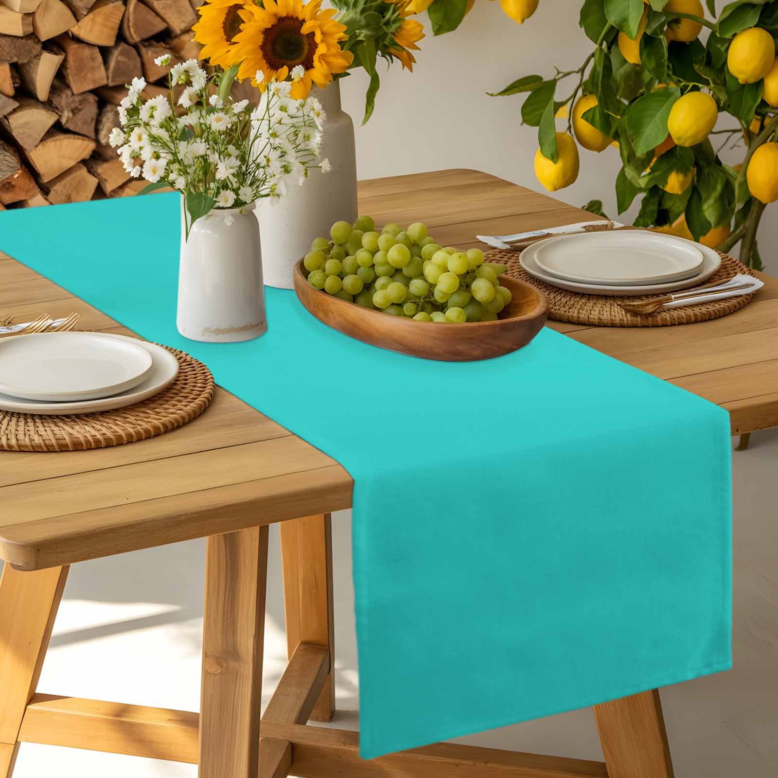 Turquoise Cotton Linen Table Runner for Dining Kitchen, Modern Pure Turquoise Wedding Outdoor Party Tablerunners Decoration, Dresser Scarf Coffee Tablecloth Runners 13x108 Inches