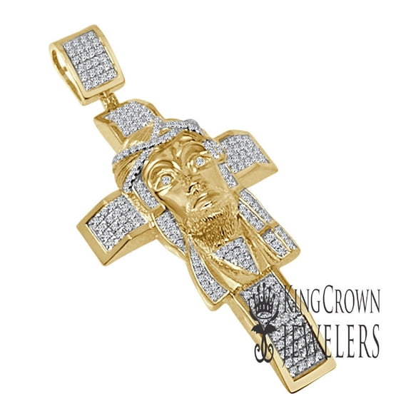Custom Piece Real Yellow Gold Sterling Silver Jesus Face Cross Charm Simulated Diamond Pendent Big 3.5''