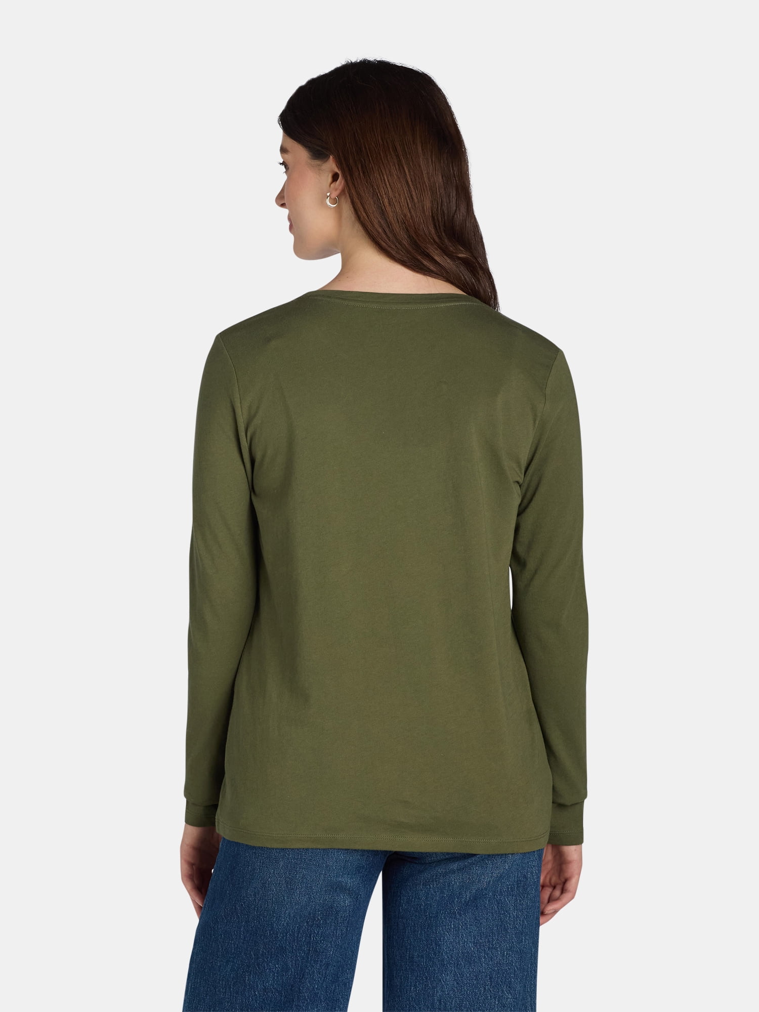 Time and Tru Women's Cotton Crewneck Tee with Long Sleeves, Single and 3 Pack, Sizes XS-XXXL