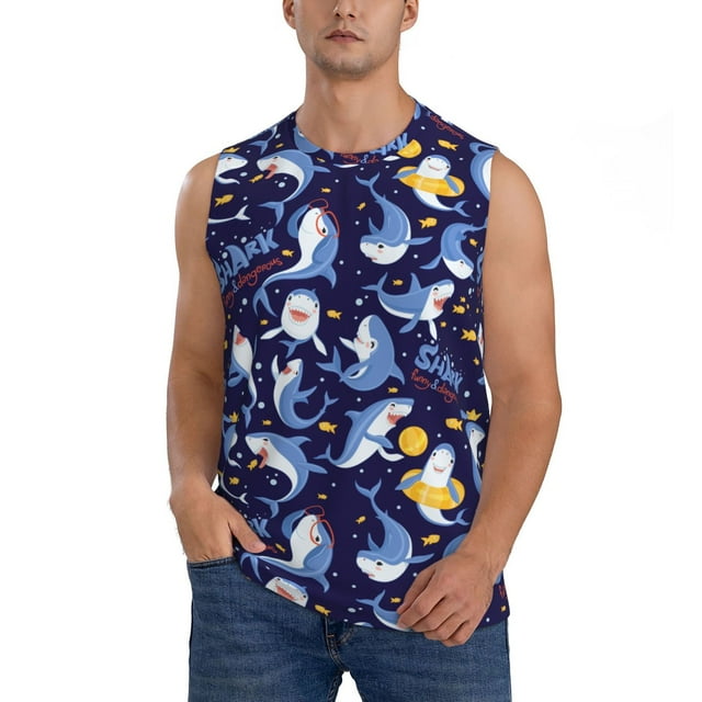 Bingfone Cute Shark Pattern Men's Tank Tops Workout Sleeveless Tee Shirts Running Beach Tanks for Men-Large