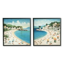 Stupell Industries Beach Goers on Curved Shore Landscape Painting Black Framed Art Print Wall Art, 24 x 24, Set of 2