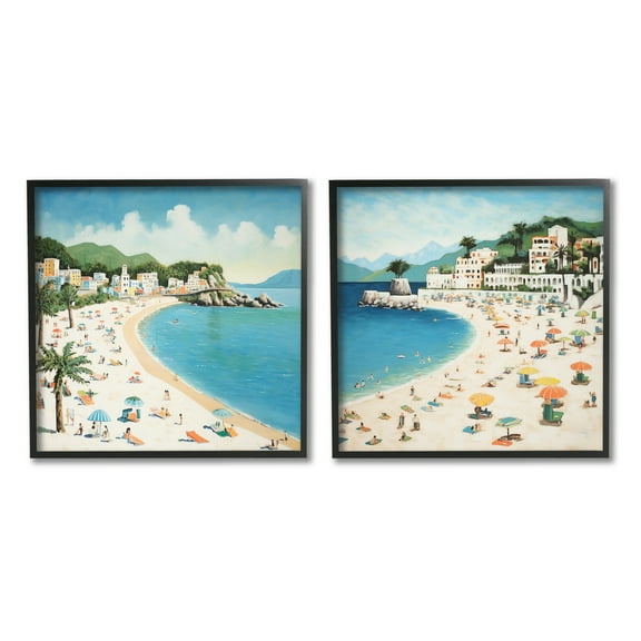 Stupell Industries Beach Goers on Curved Shore Landscape Painting Black Framed Art Print Wall Art, 24 x 24, Set of 2