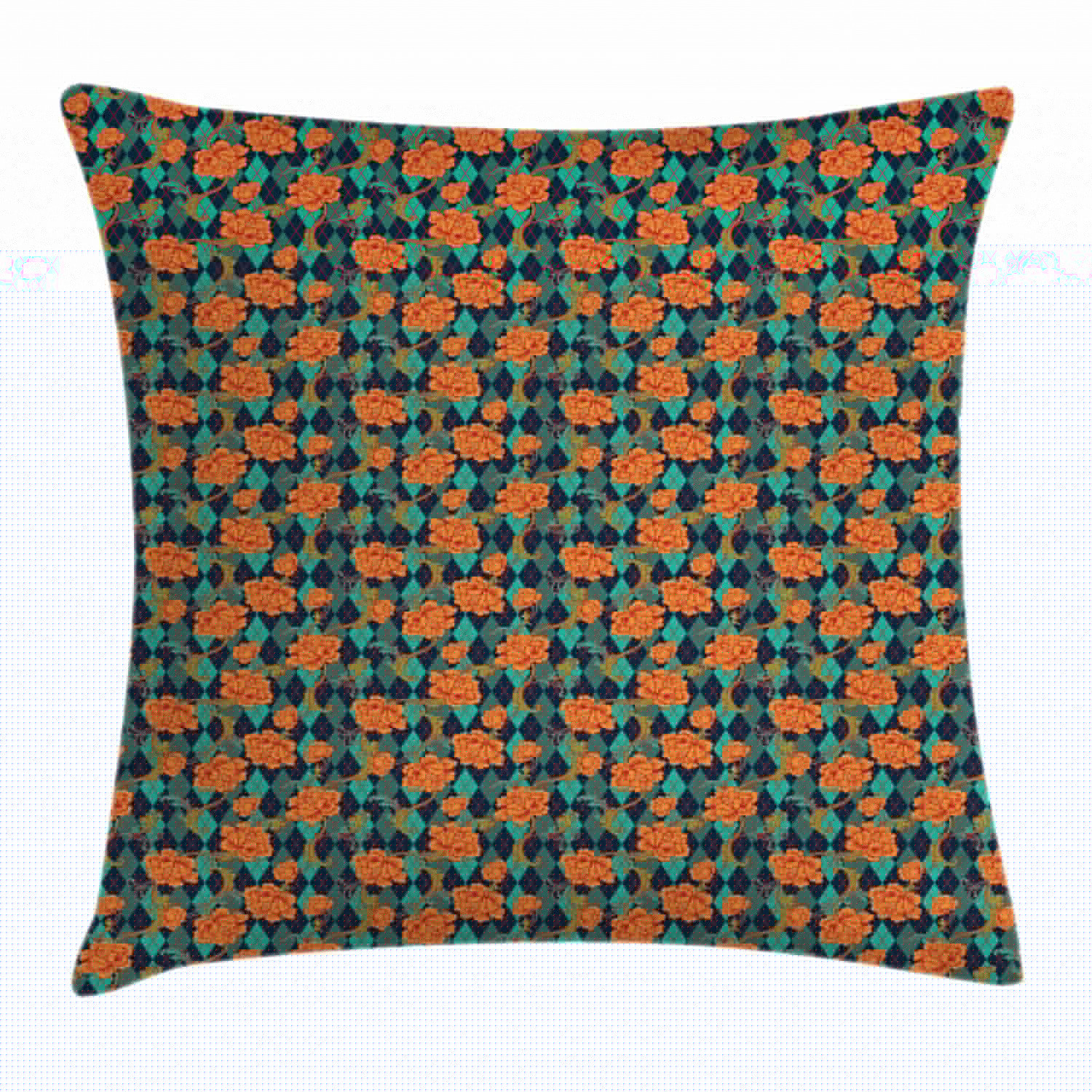 thumbnail image 1 of Renaissance Throw Pillow Cushion Cover, Vibrant Baroque Blossoms over Geometric Diagonal Royal Romantic, Decorative Square Accent Pillow Case, 16 X 16 Inches, Orange Turquoise Navy Blue, by Ambesonne, 1 of 2