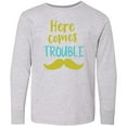 thumbnail image 3 of Inktastic Here Comes Trouble, Mustache - Blue Green Long Sleeve Youth T-Shirt, 3 of 5