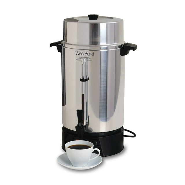 Large capacity silver West Bend 1500W coffee urn with automatic temperature control and quick brewing, shown alongside a white cup of brewed coffee.