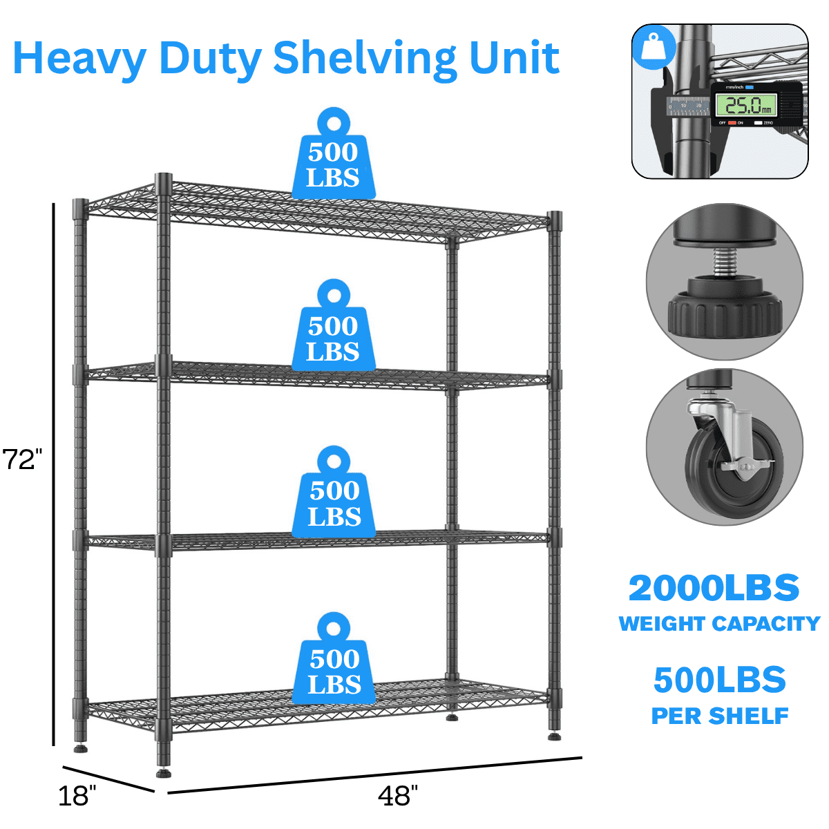 Legooin 48x18x72 inch Heavy Duty Wire Shelf on Wheels Garage Shelving Unit Industrial Shelf Residential Storage 2000lbs Capacity, Black
