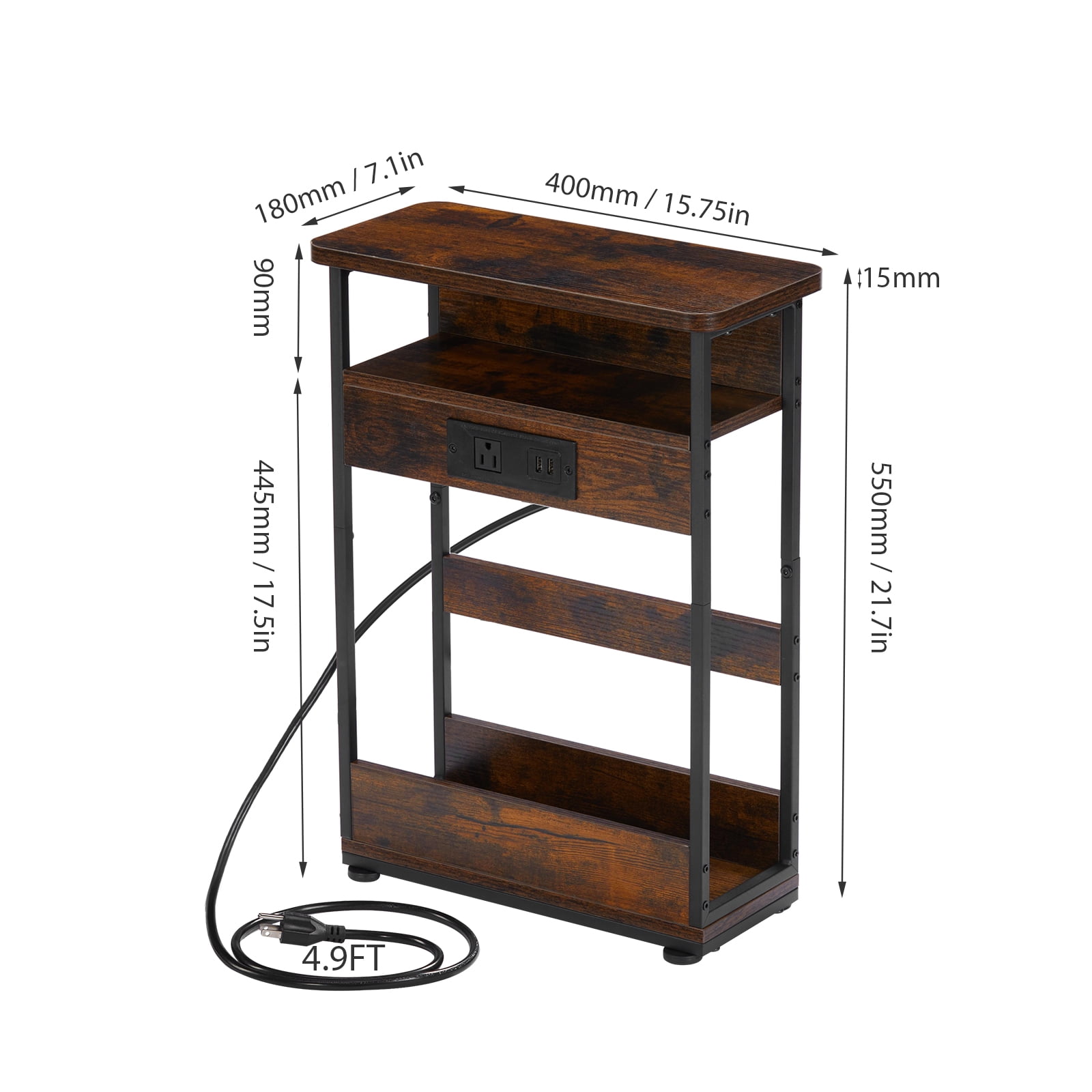 ZEXVIDA Narrow Side Table with Charging Station, 3 Tier Slim End Table with Storage Shelf for Small Spaces, 21.6 Inch Height Thin Tables Small Nightstand Magazine Rack for Living Room,Brown