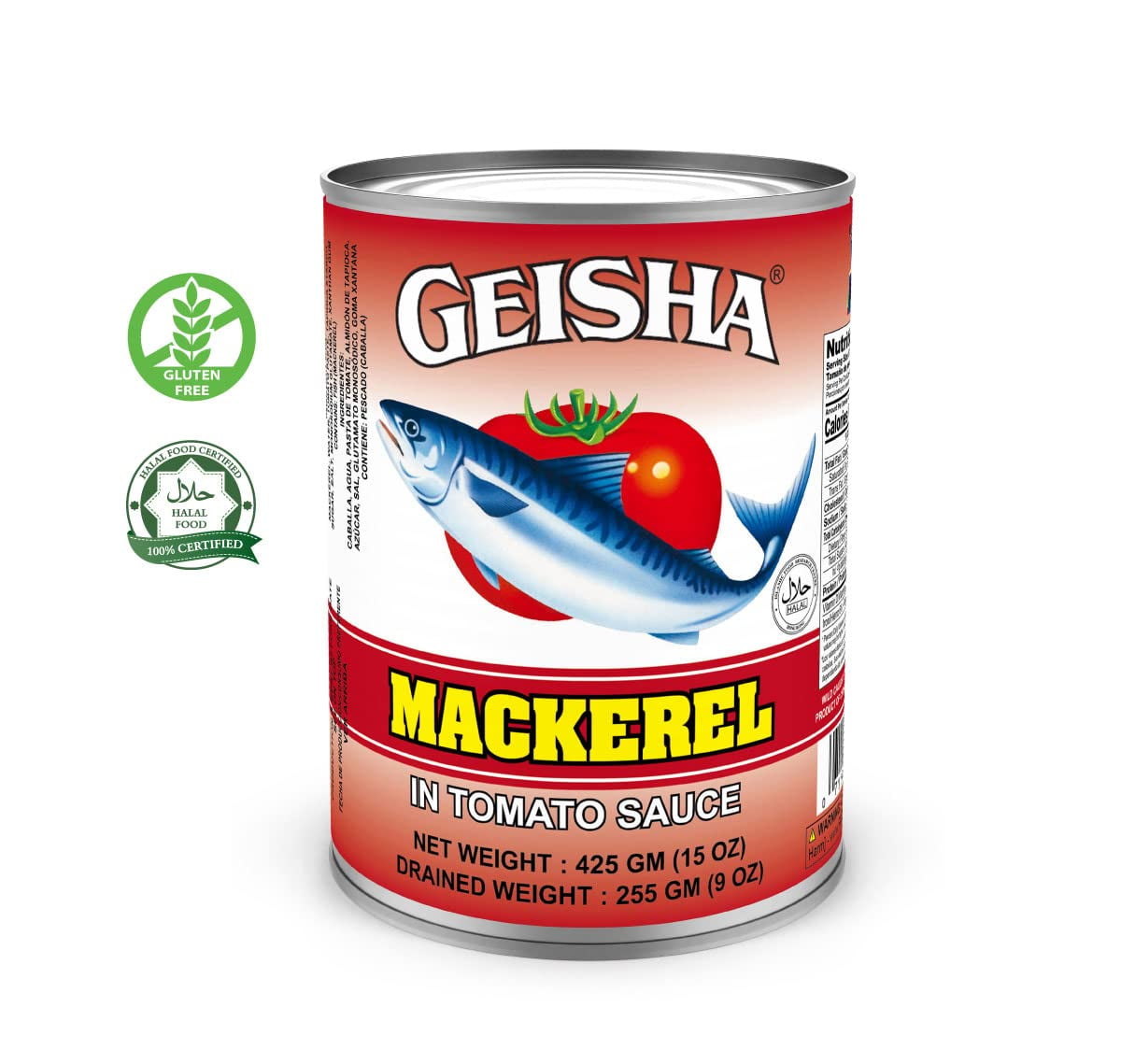 GEISHA Mackerel in Tomato Sauce 15OZ. (Pack of 12), Scomber Japonicus| Halal Certified － Good Source of Protien － Wild Caught －Tomato Sauce