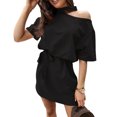 thumbnail image 2 of Zeus Women Stylish Solid Color Halter One Shoulder Short Sleeve Waist Belt Mini Dress, 2 of 7