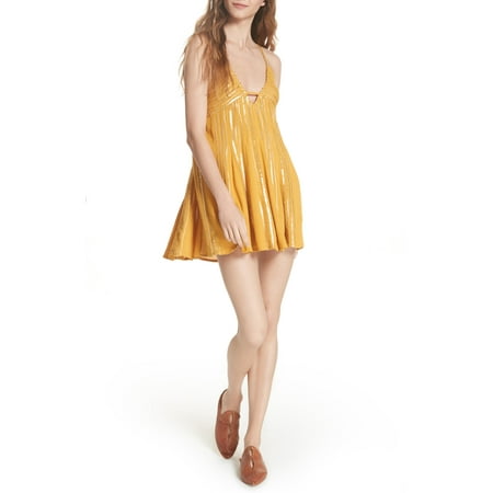 FREE PEOPLE Womens Yellow Embellished Spaghetti Strap Sweetheart Neckline Mini Trapeze Party Dress Size: XS