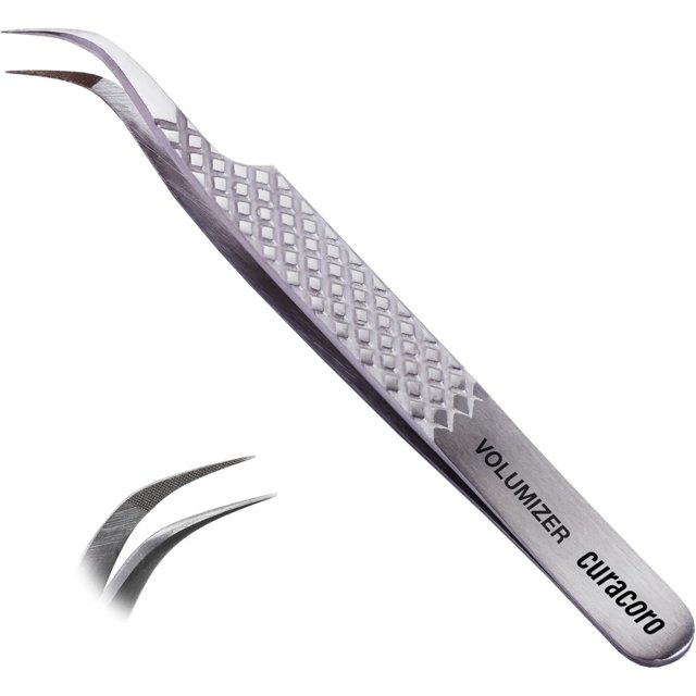 Curacoro Lash Tweezer - Professional & Precision Fiber Tip Grip Lash Tweezers for Eyelash Extensions, Multi Shapes & Purposes Tweezers for Volume, Isolation & Classic Lashes (Silver, Volumizer)