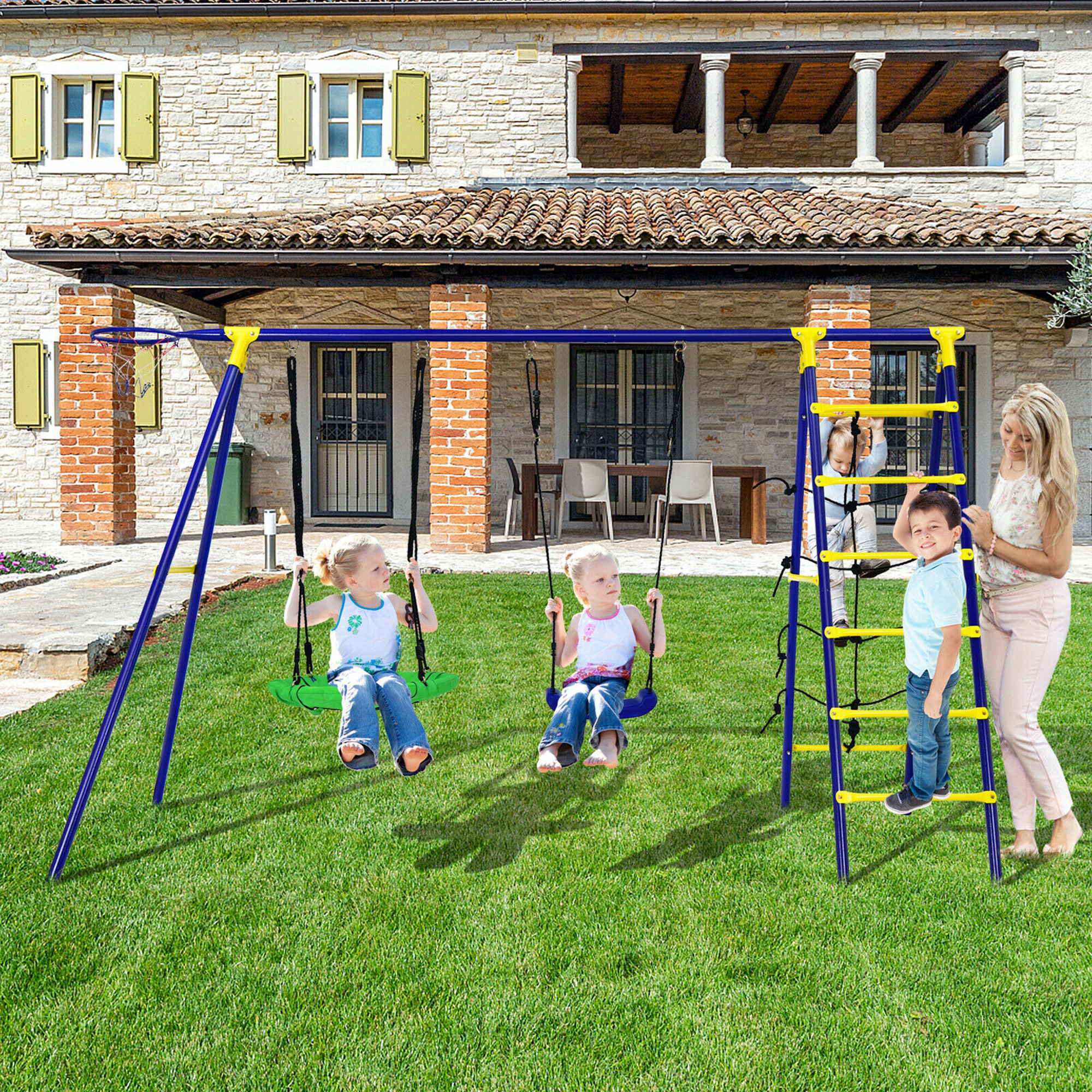 Gymax 5-In-1 Kids Swing Set for Outdoor W/ Heavy Duty Frame Basketball Hoop & Climbing Ladder - image 3 of 10