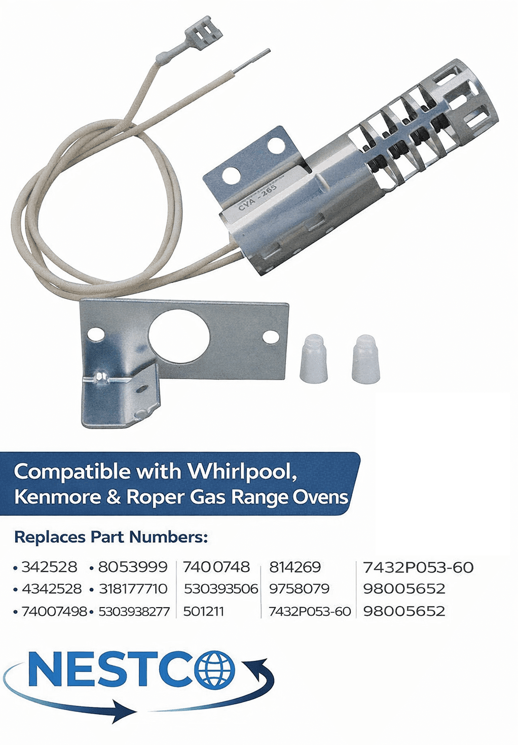 Gas Range Oven Igniter 342528 8053999 Replacement for Whirlpool Kenmore Roper – Round Ignitor with Mounting Bracket