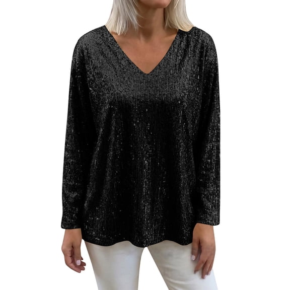 ManxiVoo Elegant Sequined Top for Ladies V Neck Loose Fit Long Sleeve Blouse for Evening Parties and Special Occasions L Size Black