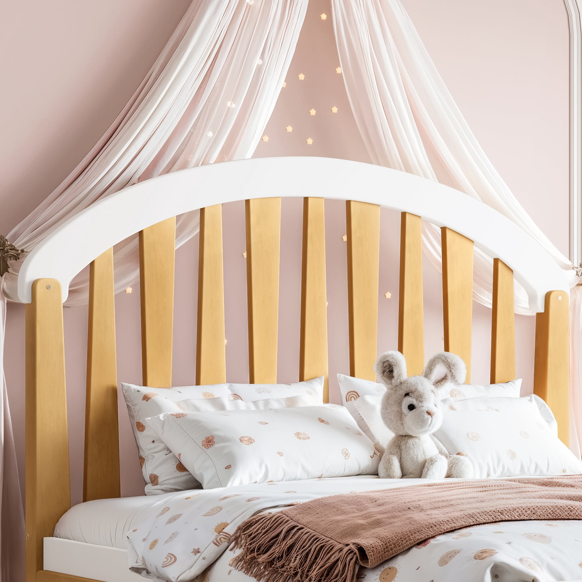 Mintazer Kids Full Size Platform Bed Frame with 2 Storage Drawers & Curved Round Headboard, No Box Spring Needed, Natural & Beige
