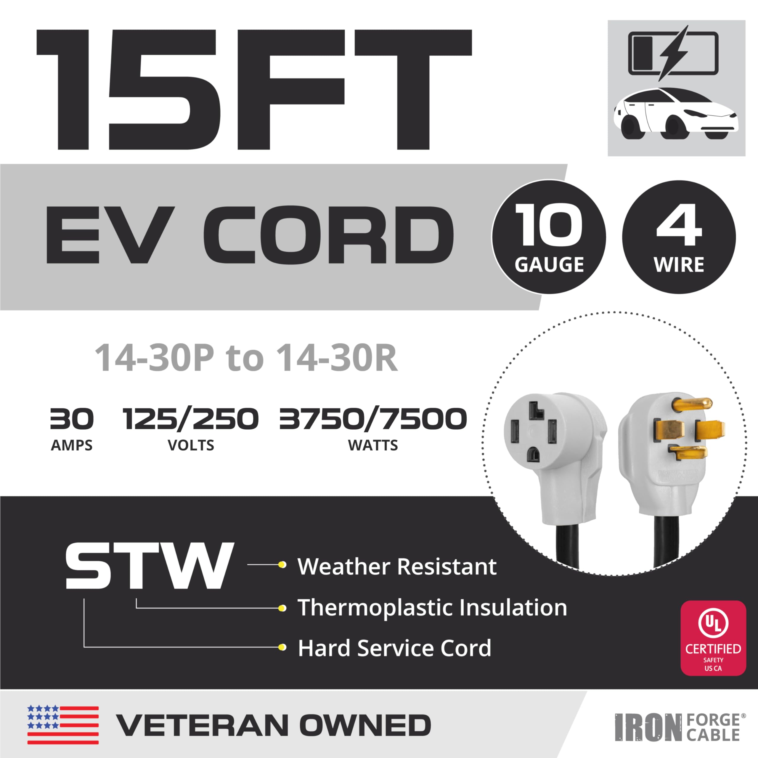 Iron Forge Cable 15 Ft Dryer/EV Extension Cord - 14-30P to 14-30R Black STW 10 Gauge Cable, 30 Amp Heavy Duty for EV Charging and RV Trailer Campers.