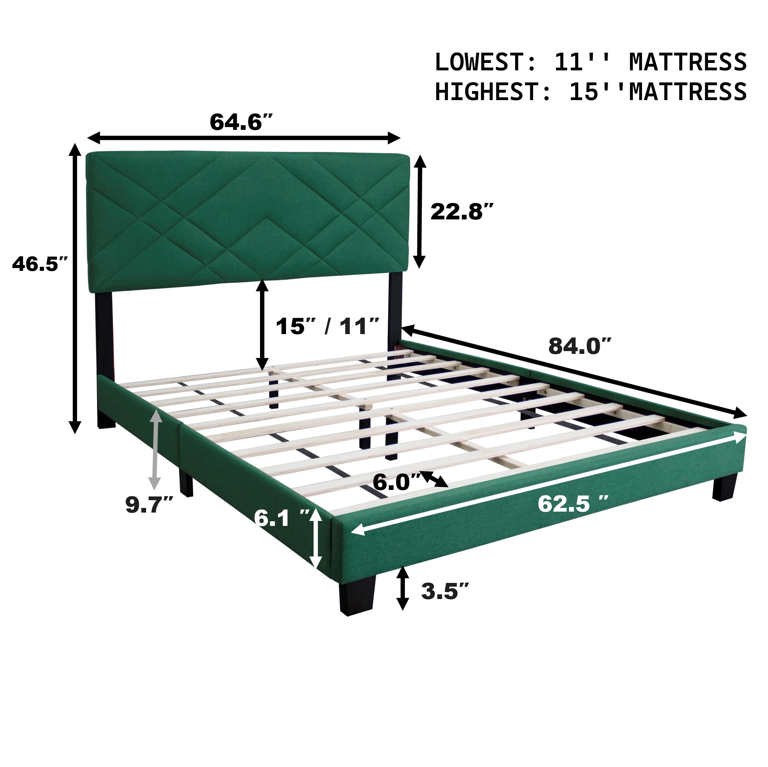 Euroco Upholstered Queen Size Platform Bed, Adjustable Headboard, Green