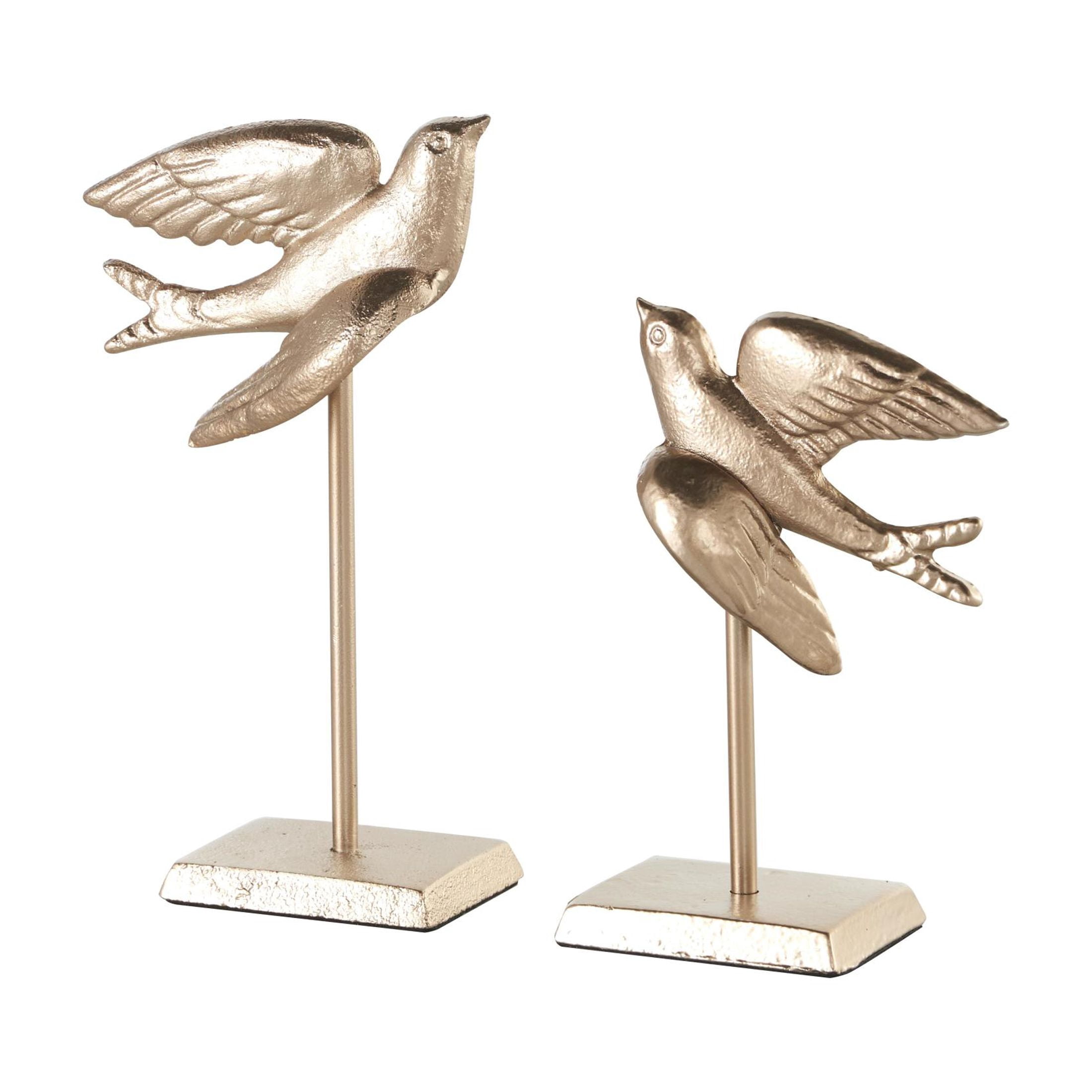 9", 7"H Gold Metal Metallic Bird Sculpture with Stand, by DecMode (2 Count)