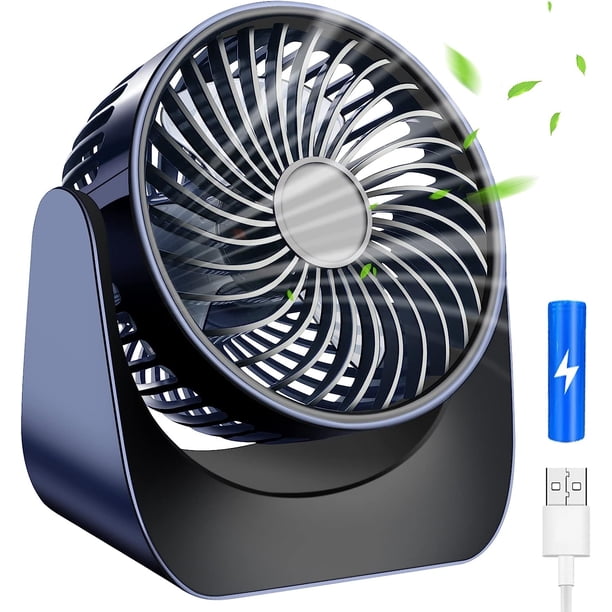 Ventilador de escritorio, mini ventilador USB silencioso con batería, 3 velocidades, pequeño ventilador de mesa silencioso, recargable, rotación de 360°, ventilador de refrigeración portátil (azul)