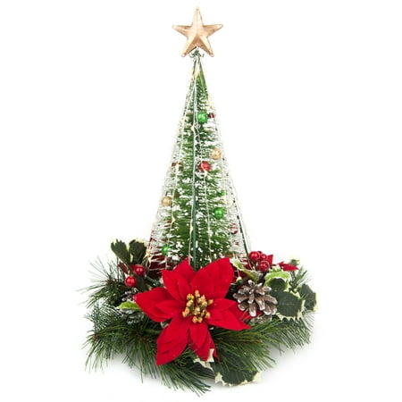 Christmas tree table décor, Cone shape with LED Lights, Green and Red color theme, 11 inch tall, Great for table center piece or fireplace