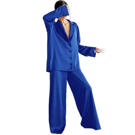 

Binpure Women Pajamas Suit Solid Color Long Sleeve Tops with Belt + Pants Set