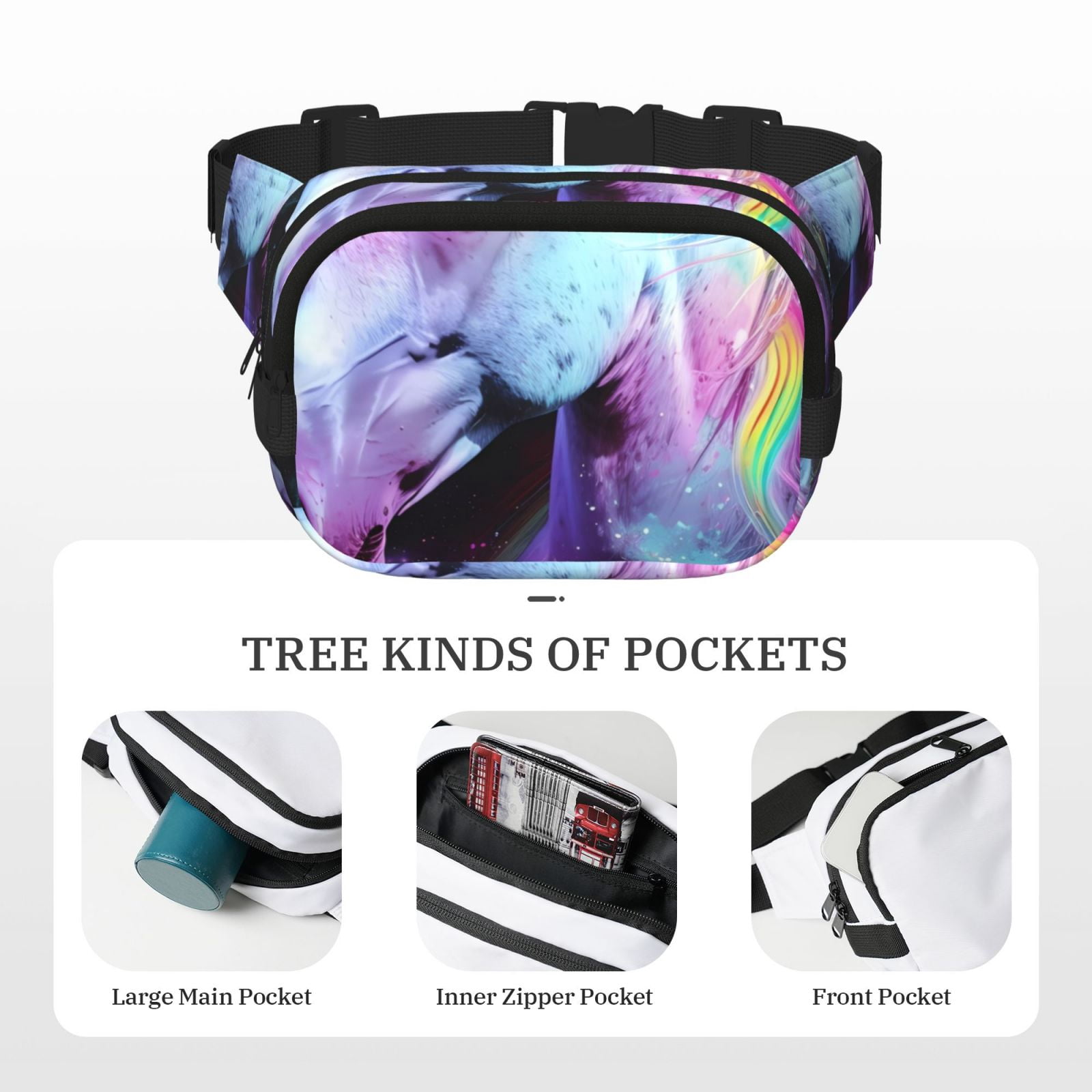 Picia Rainbow Spotted White Horse Print Square Double-Layer Waist Bag Mini Adjustable Waist Belt Bag Exercise Running Travel Hiking