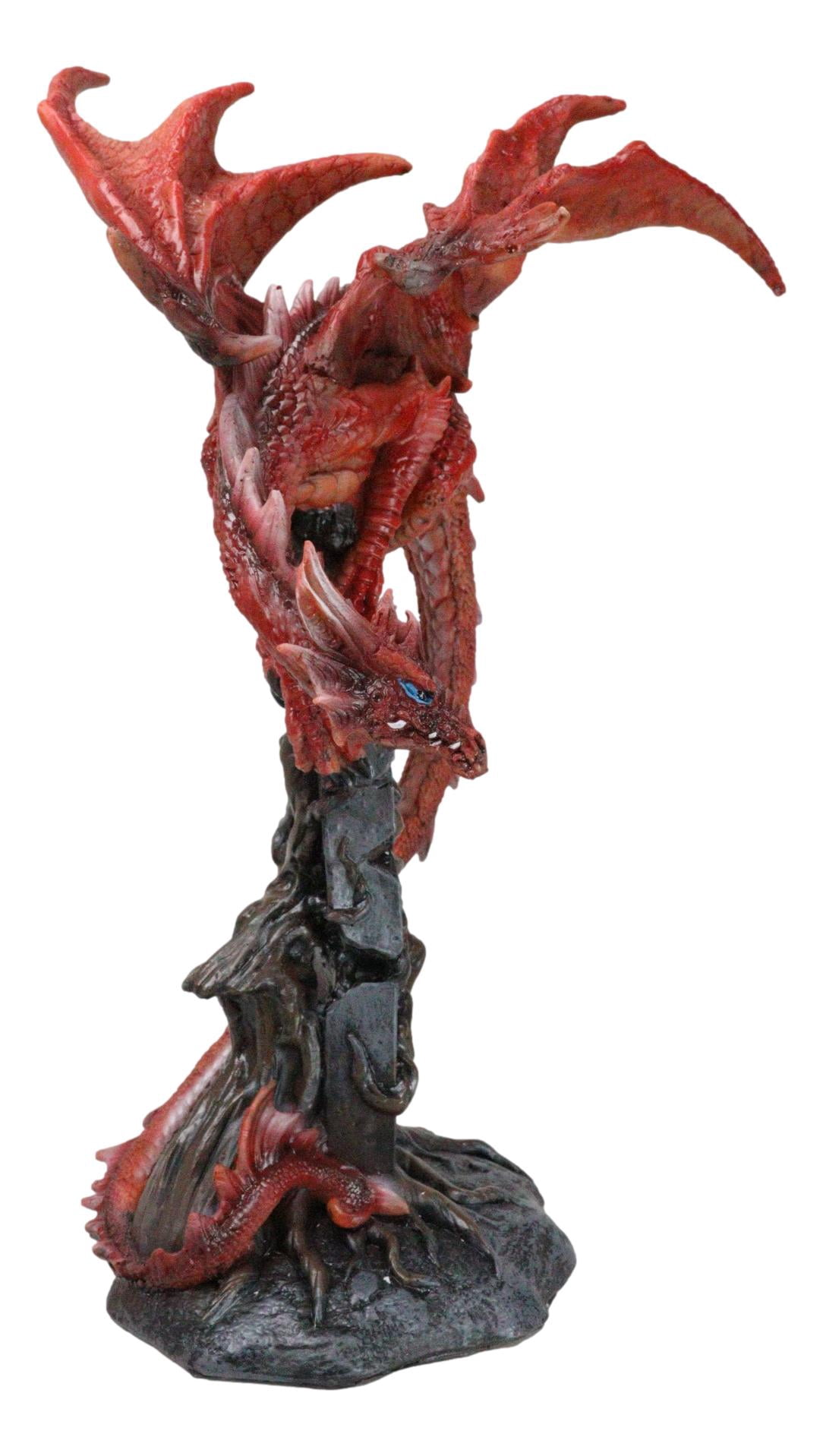 Wizard Fantasy Red Volcanic Dragon Perching On Rune Stone Tower Rock Figurine