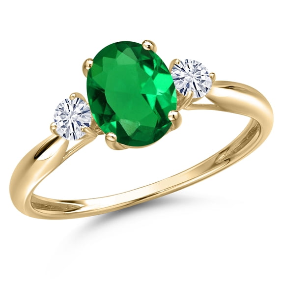 Gem Stone King 10K Yellow Gold Green Nano Emerald and White Moissanite 3-Stone Ring for Women | 0.95 Cttw | Oval 8X6MM | Gemstone May Birthstone | Size 7