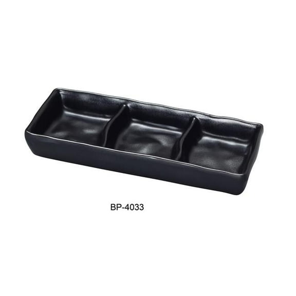 Yanco BP-4033 Black Pearl-2 New Triple Sauce Dish, 2.5" Width, 7" Length, Melamine, Black Color with Matting Finish, Pack of 48